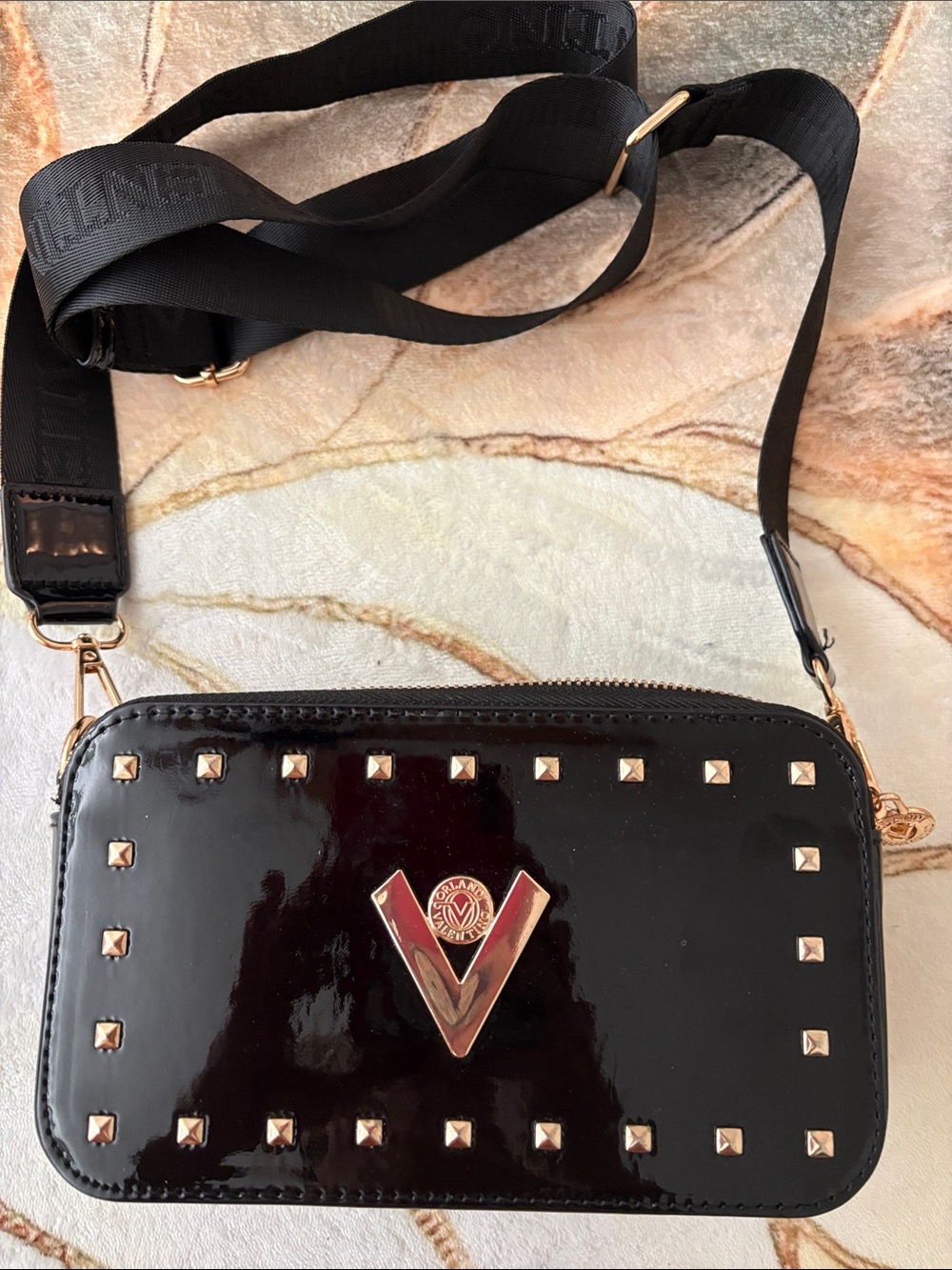 Valentino Orlandi Black Patent Crossbody with Gold V Emblem and Studs